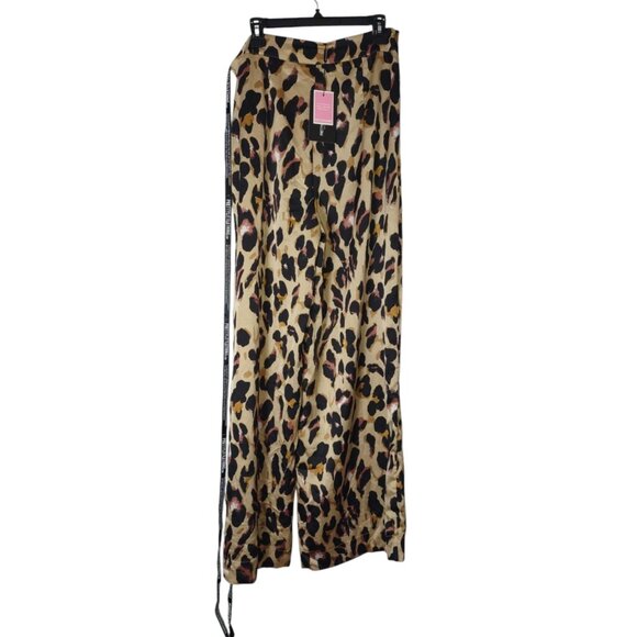PrettyLittleThing Women 10 Brown Leopard Wide Leg Satin Pants Logo Trim Y2Kvibes - Picture 1 of 12